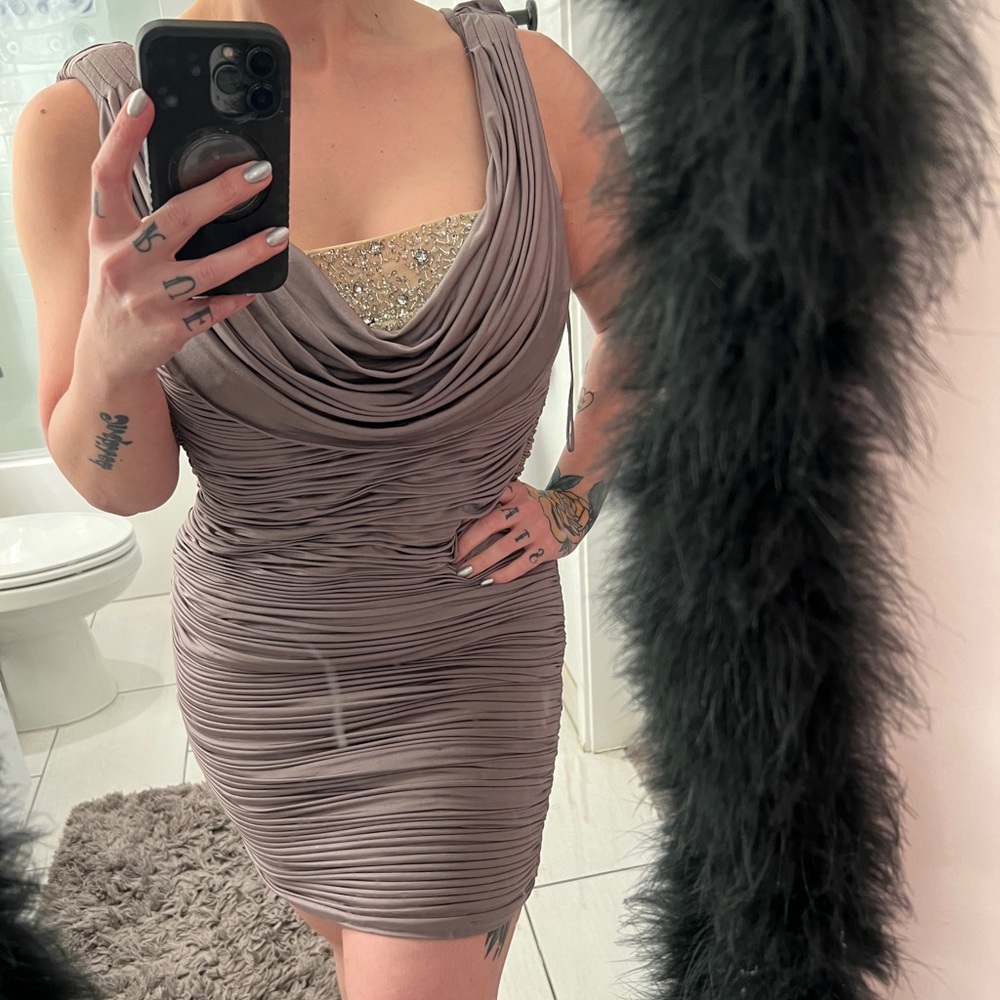 Ruched grey cocktail dress